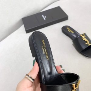 Yves Saint Laurent Flat Sandals Leather With Monogram Black 30157 - luxibagsmall