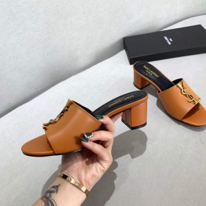 Yves Saint Laurent Flat Sandals Leather With Monogram Brown 30164 - luxibagsmall