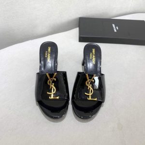 Yves Saint Laurent Flat Sandals Leather With Monogram Black 30163 - luxibagsmall