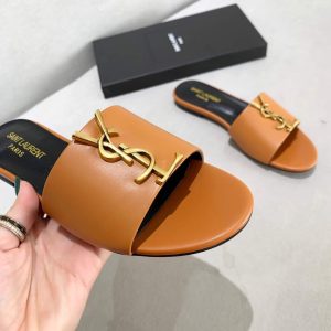 Yves Saint Laurent Flat Sandals Leather With Monogram Brown 30159 - luxibagsmall