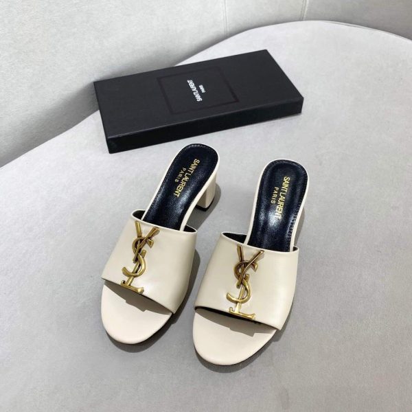 Yves Saint Laurent Flat Sandals Leather With Monogram Beige 30165 - luxibagsmall