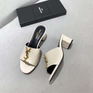 Yves Saint Laurent Flat Sandals Leather With Monogram Beige 30165 - luxibagsmall