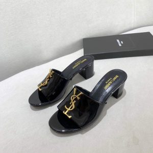 Yves Saint Laurent Flat Sandals Leather With Monogram Black 30163 - luxibagsmall