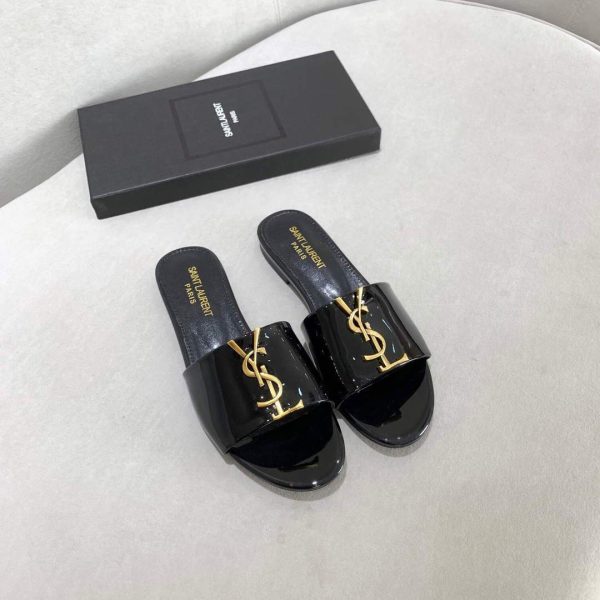 Yves Saint Laurent Flat Sandals Leather With Monogram Black 30160 - luxibagsmall