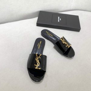 Yves Saint Laurent Flat Sandals Leather With Monogram Black 30160 - luxibagsmall