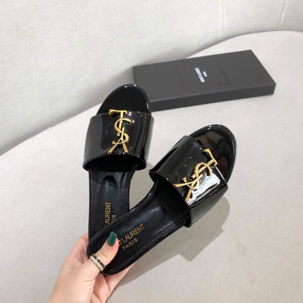 Yves Saint Laurent Flat Sandals Leather With Monogram Black 30160 - luxibagsmall