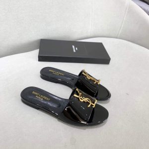 Yves Saint Laurent Flat Sandals Leather With Monogram Black 30160 - luxibagsmall