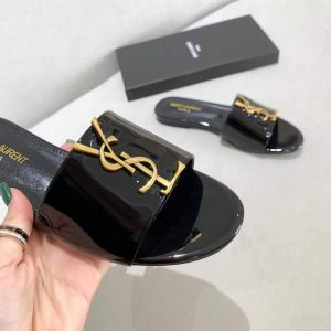 Yves Saint Laurent Flat Sandals Leather With Monogram Black 30160 - luxibagsmall