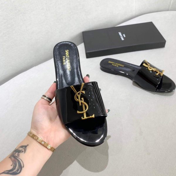 Yves Saint Laurent Flat Sandals Leather With Monogram Black 30160 - luxibagsmall