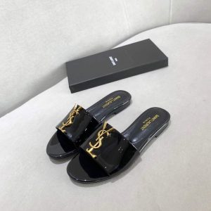 Yves Saint Laurent Flat Sandals Leather With Monogram Black 30160 - luxibagsmall