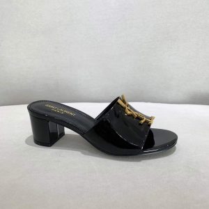 Yves Saint Laurent Flat Sandals Leather With Monogram Black 30163 - luxibagsmall