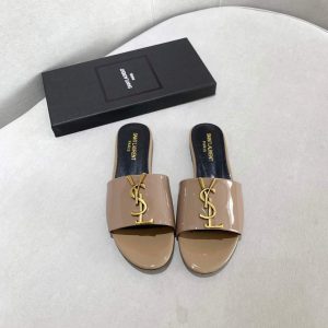 Yves Saint Laurent Flat Sandals Leather With Monogram Khaki 30161 - luxibagsmall