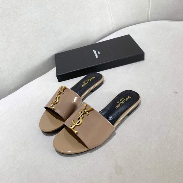 Yves Saint Laurent Flat Sandals Leather With Monogram Khaki 30161 - luxibagsmall