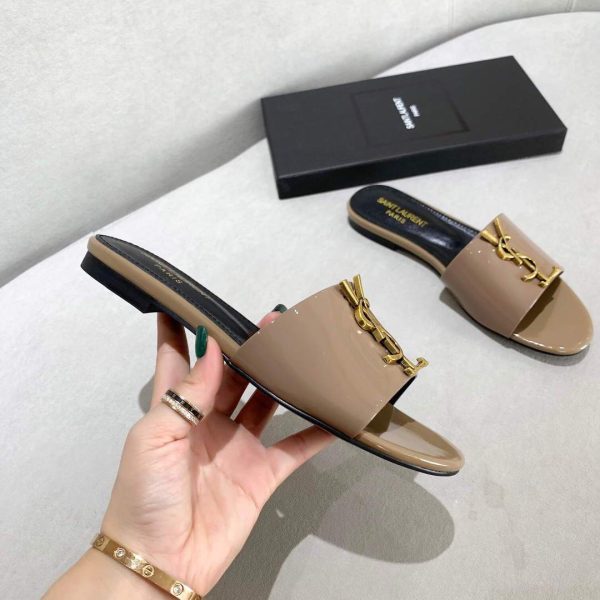 Yves Saint Laurent Flat Sandals Leather With Monogram Khaki 30161 - luxibagsmall