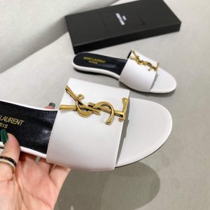 Yves Saint Laurent Flat Sandals Leather With Monogram White 30158 - luxibagsmall