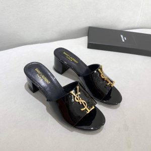 Yves Saint Laurent Flat Sandals Leather With Monogram Black 30163 - luxibagsmall