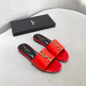 Yves Saint Laurent Flat Sandals Leather With Monogram Red 30162 - luxibagsmall