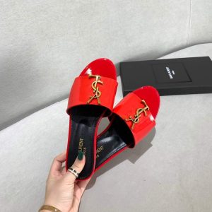 Yves Saint Laurent Flat Sandals Leather With Monogram Red 30162 - luxibagsmall