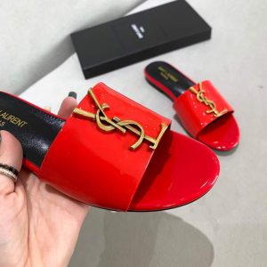 Yves Saint Laurent Flat Sandals Leather With Monogram Red 30162 - luxibagsmall