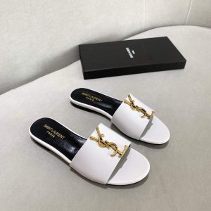 Yves Saint Laurent Flat Sandals Leather With Monogram White 30158 - luxibagsmall