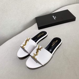 Yves Saint Laurent Flat Sandals Leather With Monogram White 30158 - luxibagsmall