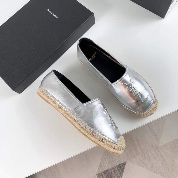 Yves Saint Laurent Logo Leather Espadrilles in Metalized Lambskin 30121 Silver - luxibagsmall