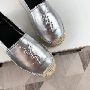 Yves Saint Laurent Logo Leather Espadrilles in Metalized Lambskin 30121 Silver - luxibagsmall