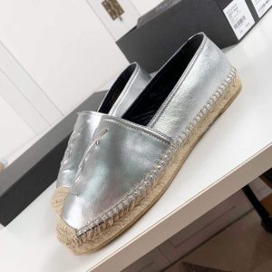 Yves Saint Laurent Logo Leather Espadrilles in Metalized Lambskin 30121 Silver - luxibagsmall