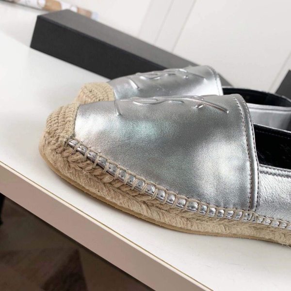 Yves Saint Laurent Logo Leather Espadrilles in Metalized Lambskin 30121 Silver - luxibagsmall