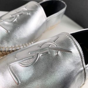 Yves Saint Laurent Logo Leather Espadrilles in Metalized Lambskin 30121 Silver - luxibagsmall