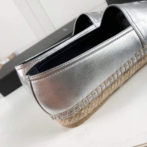 Yves Saint Laurent Logo Leather Espadrilles in Metalized Lambskin 30121 Silver - luxibagsmall