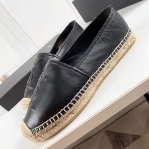 Yves Saint Laurent Logo Leather Espadrilles in Metalized Lambskin 30121 Black - luxibagsmall