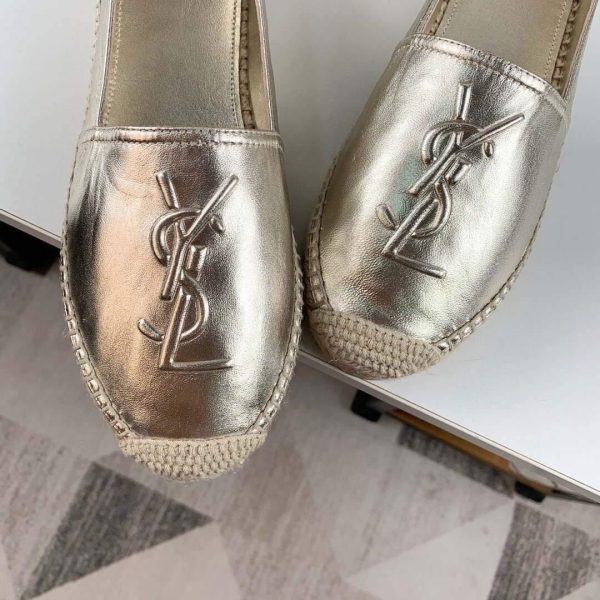 Yves Saint Laurent Logo Leather Espadrilles in Metalized Lambskin 30121 Gold - luxibagsmall