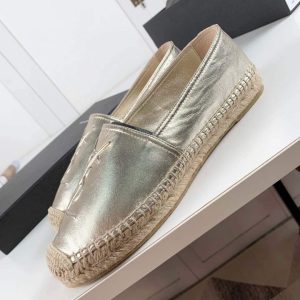 Yves Saint Laurent Logo Leather Espadrilles in Metalized Lambskin 30121 Gold - luxibagsmall