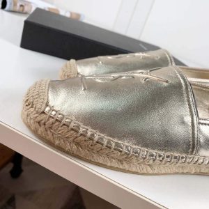 Yves Saint Laurent Logo Leather Espadrilles in Metalized Lambskin 30121 Gold - luxibagsmall