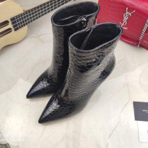 Yves Saint Laurent Opyum Ankle Boots in Alligator-Embossed Patent Leather 63959910 Black with Black Heel - luxibagsmall