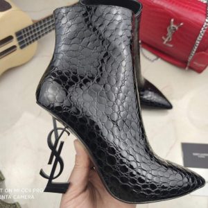 Yves Saint Laurent Opyum Ankle Boots in Alligator-Embossed Patent Leather 63959910 Black with Black Heel - luxibagsmall