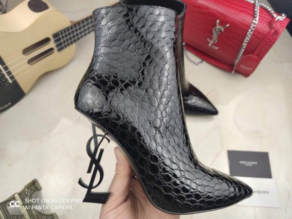 Yves Saint Laurent Opyum Ankle Boots in Alligator-Embossed Patent Leather 63959910 Black with Black Heel - luxibagsmall