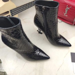 Yves Saint Laurent Opyum Ankle Boots in Alligator-Embossed Patent Leather 63959910 Black with Black Heel - luxibagsmall