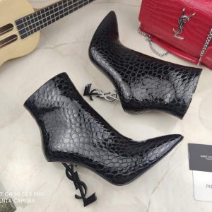 Yves Saint Laurent Opyum Ankle Boots in Alligator-Embossed Patent Leather 63959910 Black with Black Heel - luxibagsmall