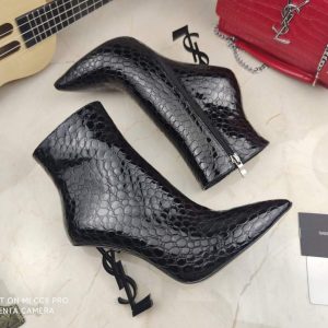 Yves Saint Laurent Opyum Ankle Boots in Alligator-Embossed Patent Leather 63959910 Black with Black Heel - luxibagsmall