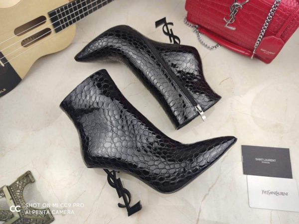 Yves Saint Laurent Opyum Ankle Boots in Alligator-Embossed Patent Leather 63959910 Black with Black Heel - luxibagsmall