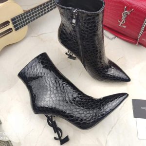 Yves Saint Laurent Opyum Ankle Boots in Alligator-Embossed Patent Leather 63959910 Black with Black Heel - luxibagsmall