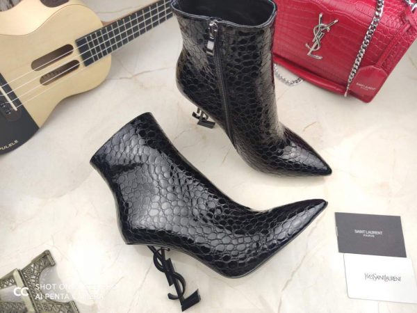 Yves Saint Laurent Opyum Ankle Boots in Alligator-Embossed Patent Leather 63959910 Black with Black Heel - luxibagsmall