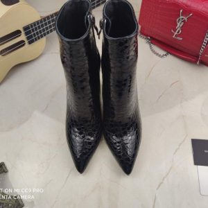 Yves Saint Laurent Opyum Ankle Boots in Alligator-Embossed Patent Leather 63959910 Black with Black Heel - luxibagsmall