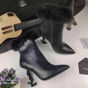 Yves Saint Laurent Opyum Ankle Boots Leather 5637530 Black with Mink fur - luxibagsmall