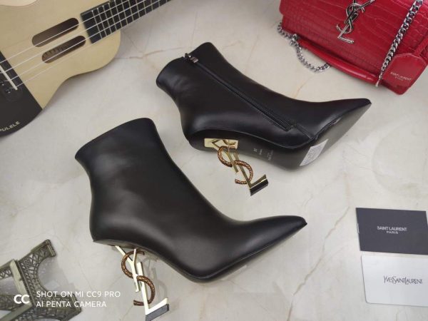 Yves Saint Laurent Opyum Ankle Boots Leather 5637530 Black with Silver and Gold Heel - luxibagsmall