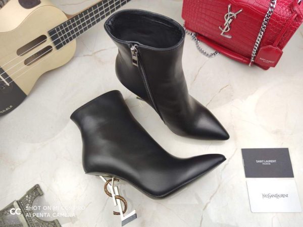 Yves Saint Laurent Opyum Ankle Boots Leather 5637530 Black with Silver and Gold Heel - luxibagsmall