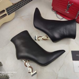 Yves Saint Laurent Opyum Ankle Boots Leather 5637530 Black with Silver and Gold Heel - luxibagsmall