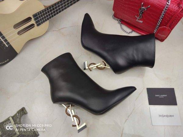 Yves Saint Laurent Opyum Ankle Boots Leather 5637530 Black with Silver and Gold Heel - luxibagsmall